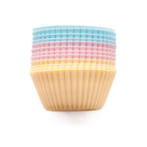 Set of 12 reusable silicone standard-size cupcake liners in assorted pastel colors for baking cupcakes and muffins.