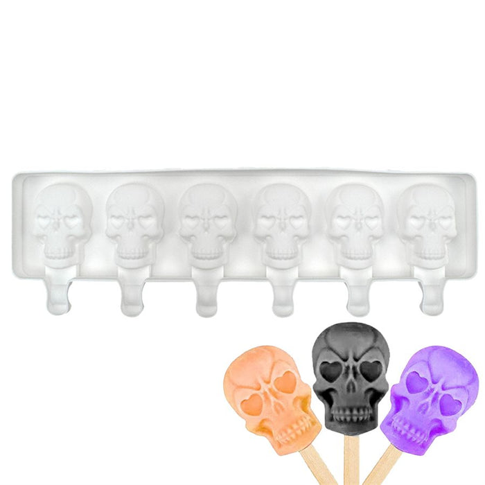 White 6-cavity skull silicone cakesicle mold for making Halloween cake pops, chocolate treats and ice cream pops.