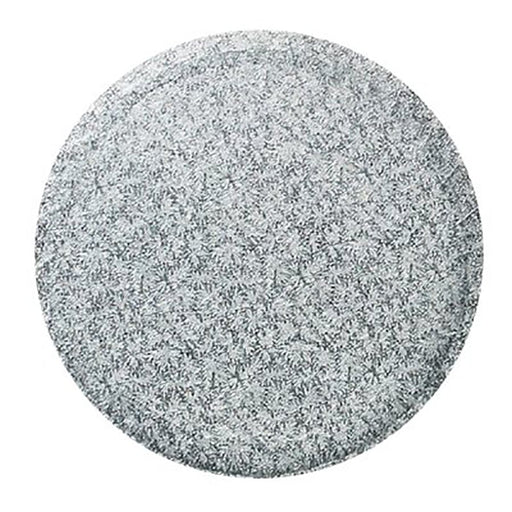 Round silver foil cake board with 1/2-inch thickness available in 6 to 20 inch sizes for cake support, display, transport, and presentation.