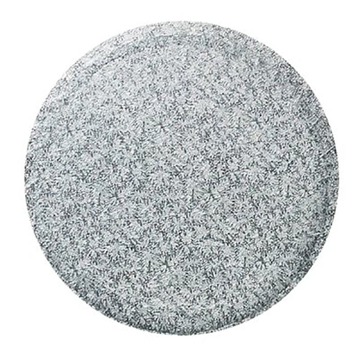 Round silver foil cake board with 1/2-inch thickness available in 6 to 20 inch sizes for cake support, display, transport, and presentation.