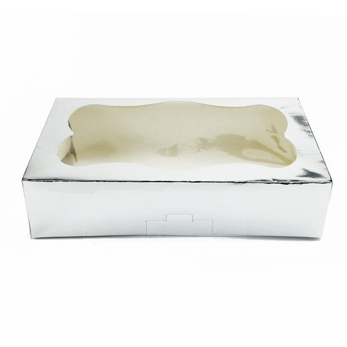 Silver 1 pound bakery cookie box with clear viewing window for cookies, brownies, pastries, and gift packaging