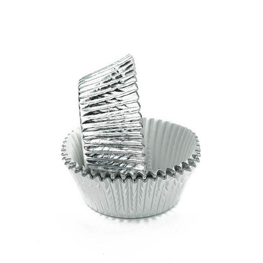 Silver foil standard-size cupcake baking cups with metallic finish, available in packs of 50 or 500.