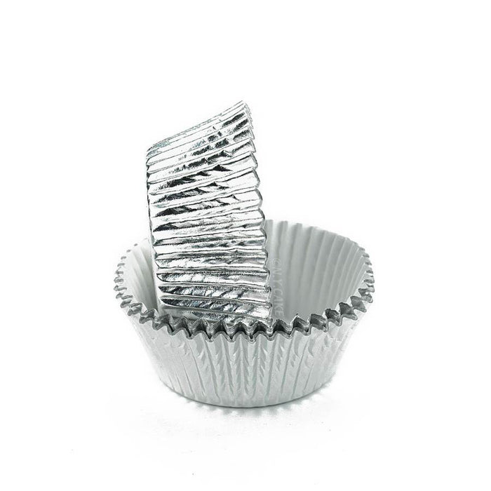 Silver foil standard-size cupcake baking cups with metallic finish, available in packs of 50 or 500.