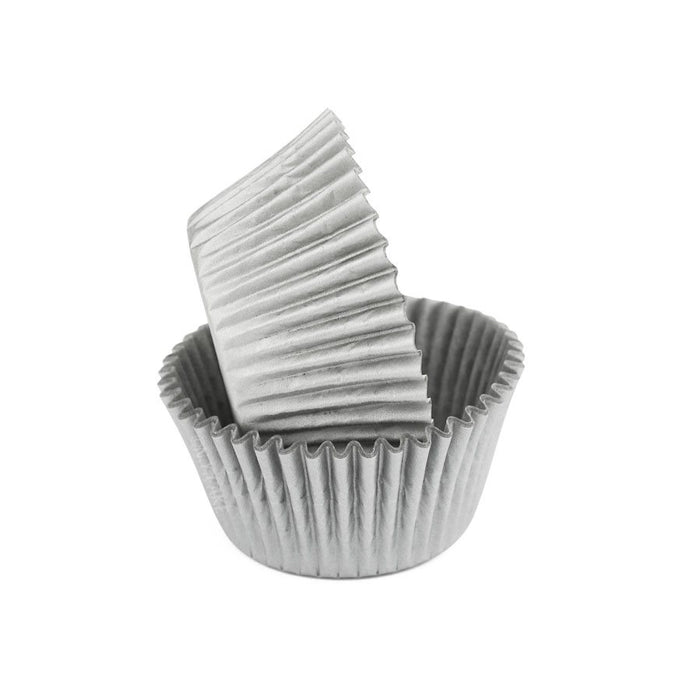 Silver glassine standard-size cupcake baking cups with greaseproof design, available in packs of 50 or 500.