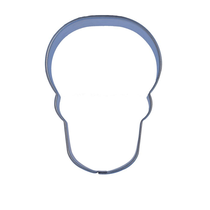 3 1/2-inch tinplated steel skull cookie cutter for Halloween and Day of the Dead cookies, fondant and cake decorations.