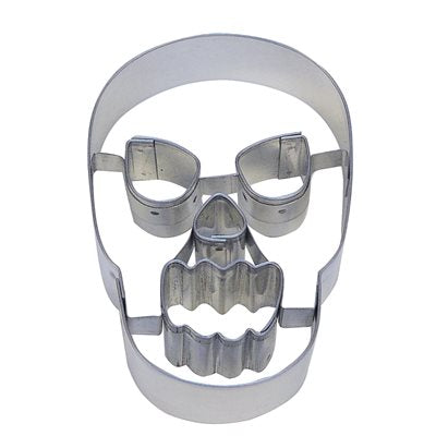 tinplated steel skull cookie cutter with detailed eye, nose and mouth cutouts, measuring 3 1/4 inches.