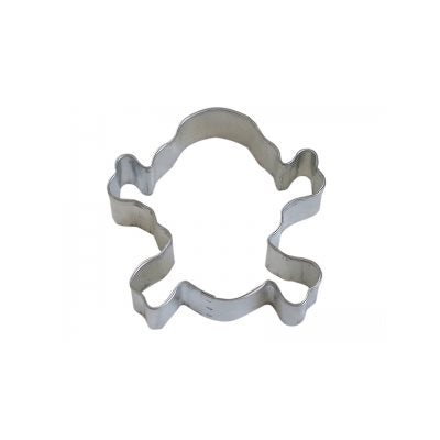 3 1/2-inch tinplated steel skull and crossbones cookie cutter for Halloween and pirate-themed cookies and fondant decorations.