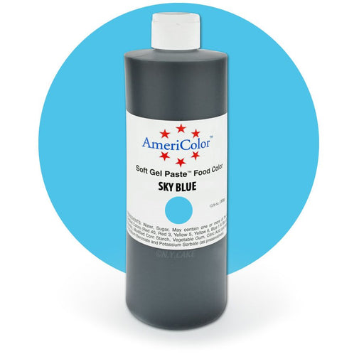 AmeriColor Sky Blue Soft Gel Paste food coloring 13.5 oz bottle for cake decorating, buttercream, fondant, royal icing, cookies, and bakery desserts.