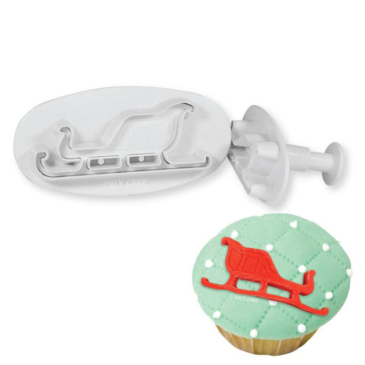 Two-piece sleigh fondant plunger cutter set for cutting and embossing fondant, gum paste, modeling chocolate, marzipan, cookies, and Christmas cake decorations.