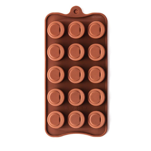 15-cavity sloped cylinder silicone chocolate mold with angled round cavities for chocolates, candies and mini desserts.