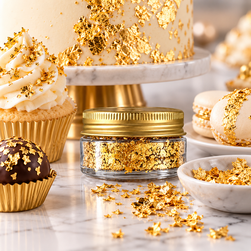 A small clear glass jar filled with metallic gold leaf flakes and topped with a gold lid, styled on a marble surface with cupcakes, macarons, and a cake decorated with gold leaf in the background.