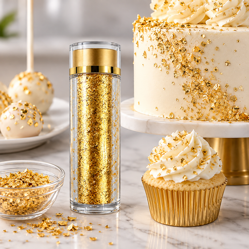 A tall clear cylindrical container filled with metallic gold leaf sprinkles, styled on a marble surface beside a frosted cake, cupcakes, and a small bowl of loose gold leaf.