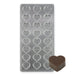 Polycarbonate chocolate mold with 24 small heart-shaped cavities for creating glossy chocolates for Valentine's Day, weddings, and special occasions.