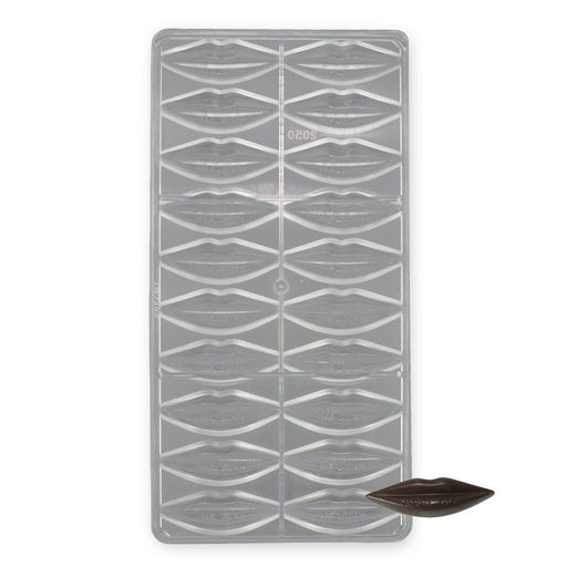 Polycarbonate chocolate mold with 20 small kiss-shaped cavities for creating glossy Valentine's Day chocolates and party favors.