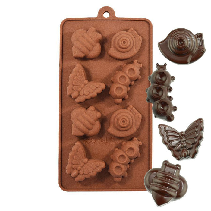 Brown silicone chocolate mold featuring snail, caterpillar, bee, and butterfly designs for making chocolates, candies, fondant decorations, and cake toppers.