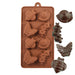 Brown silicone chocolate mold featuring snail, caterpillar, bee, and butterfly designs for making chocolates, candies, fondant decorations, and cake toppers.