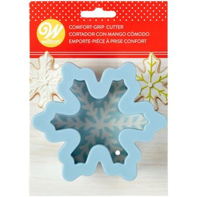 Wilton Snowflake Comfort Grip Cookie Cutter with blue cushioned grip and metal cutting edges for Christmas and winter cookies