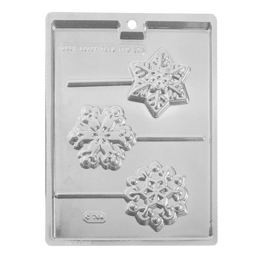 Snowflake chocolate lollipop candy mold with 3 large winter-themed cavities for holiday chocolate treats