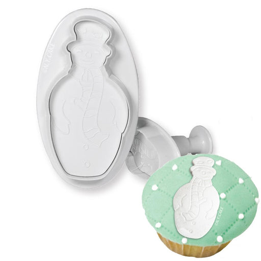 Two-piece snowman fondant plunger cutter set for cutting and embossing fondant, gum paste, modeling chocolate, marzipan, cookies, and holiday cake decorations.