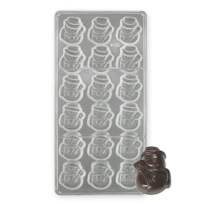 Polycarbonate chocolate mold with 18 snowman-shaped cavities for creating detailed Christmas chocolates with a glossy finish.