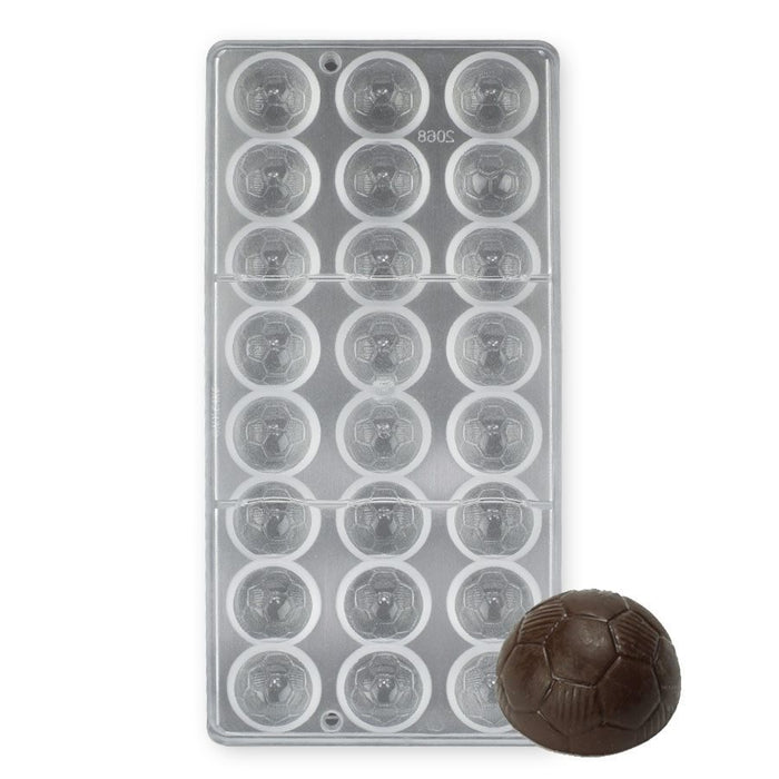 Soccer ball polycarbonate chocolate mold with 24 cavities for making detailed chocolate spheres