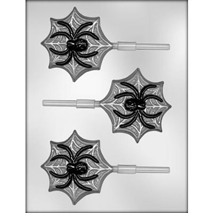 Spider web chocolate lollipop candy mold with 3 cavities and detailed Halloween spider design