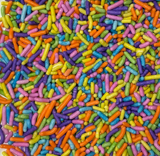 Colorful Spring Blend Jimmies sprinkles featuring pastel and bright rod-shaped decorations for cakes, cupcakes, cookies, and desserts.
