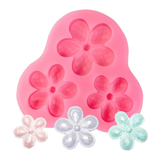 Spring Bloomers silicone fondant mold with three flower cavities for creating detailed floral cake, cupcake, cookie, chocolate, and fondant decorations