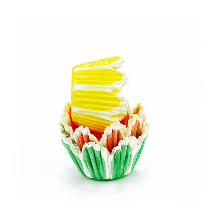 Spring tulip mini cupcake baking cups with green, yellow and orange floral designs for cupcakes and bite-sized desserts.