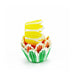 Spring tulip mini cupcake baking cups with green, yellow and orange floral designs for cupcakes and bite-sized desserts.
