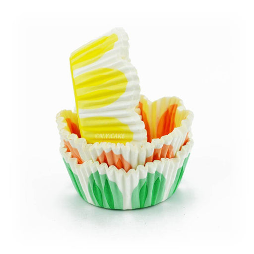 Spring tulip standard cupcake baking cups with green, yellow and orange 8-scallop design, available in packs of 100 or 1,000.