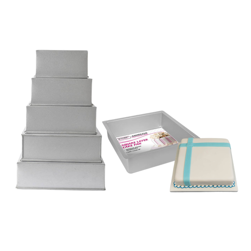 Professional square anodized aluminum cake pans in multiple sizes and depths for layer cakes, brownies, wedding cakes, and bakery desserts.