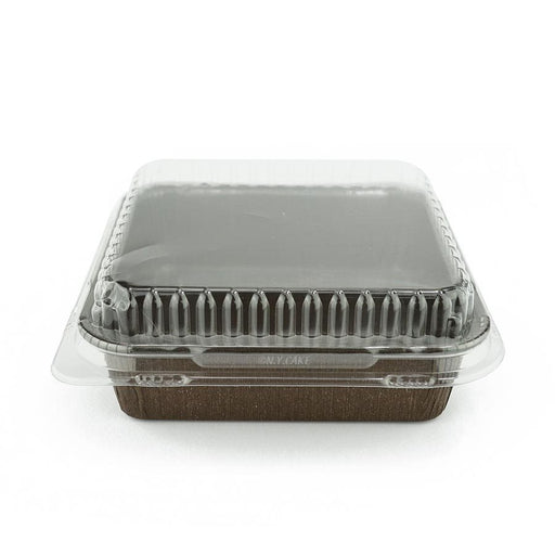 Square paper baking cup with clear snap-on dome cover for individual cakes, brownies, cheesecakes and bakery desserts.