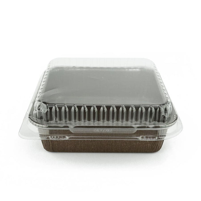 Square paper baking cup with clear snap-on dome cover for individual cakes, brownies, cheesecakes and bakery desserts.