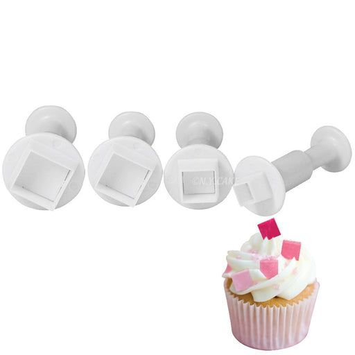 4-piece square plunger cutter set for fondant, gum paste, marzipan, modeling chocolate, cake decorating, cupcakes, and cookies.