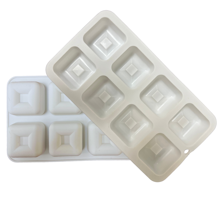 Square savarin silicone baking mold with 1.5 oz cavities for mini cakes, mousse desserts, pastries, and chocolates