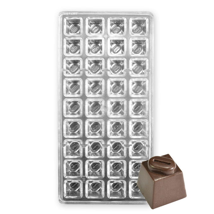 Polycarbonate chocolate mold with 36 square cavities featuring detailed coffee bean designs for creating glossy gourmet chocolates.