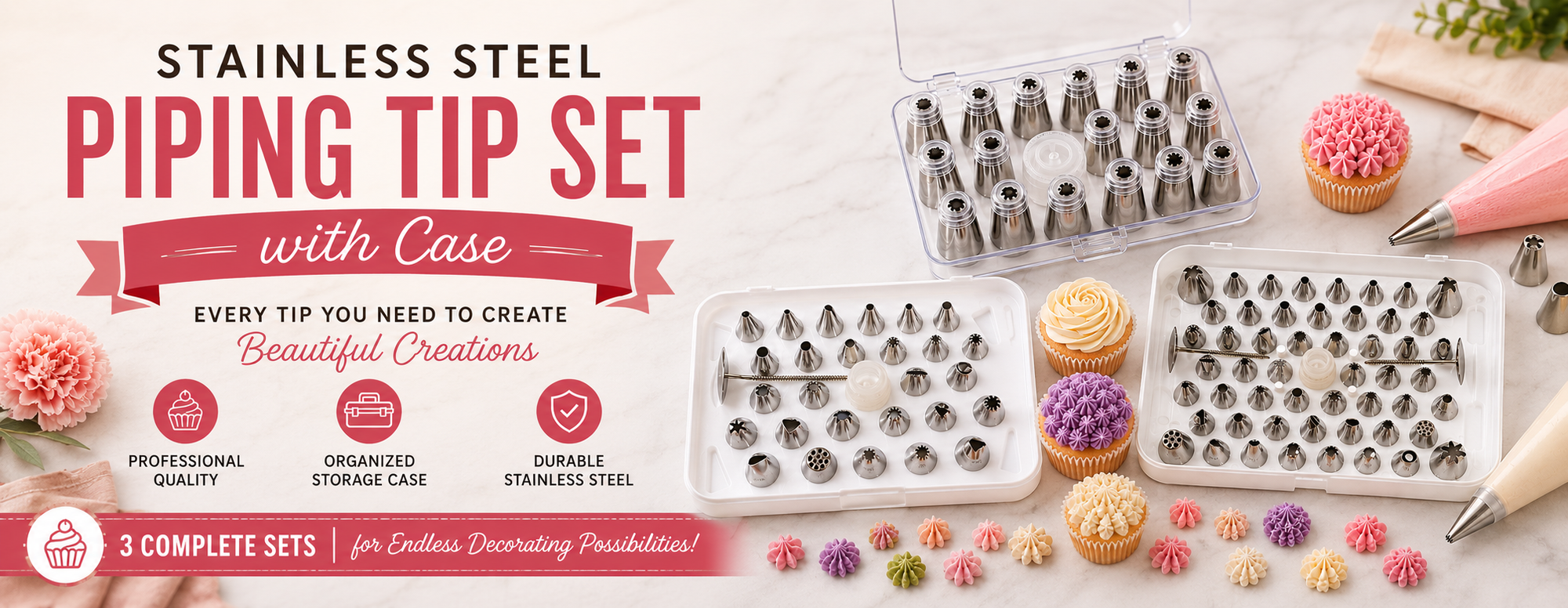 Stainless steel piping tip set with case shown in multiple white trays and a clear case, arranged on a light marble-like surface with cupcakes and a piping bag used as styling props. Large text reads 'STAINLESS STEEL PIPING TIP SET with Case' and smaller callouts mention 3 complete sets.
