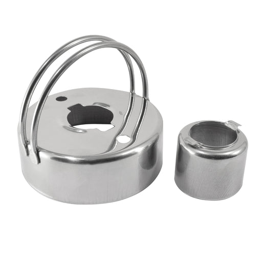 A stainless steel lock pick set consisting of a main cylindrical lock body with a loop handle and a separate matching key cylinder cap, shown on a plain white background.