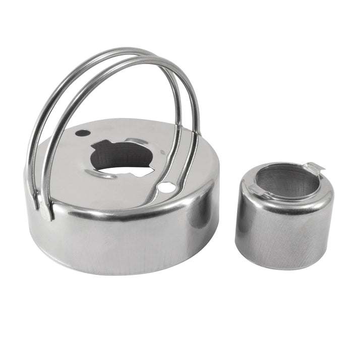 A stainless steel lock pick set consisting of a main cylindrical lock body with a loop handle and a separate matching key cylinder cap, shown on a plain white background.
