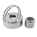 A stainless steel lock pick set consisting of a main cylindrical lock body with a loop handle and a separate matching key cylinder cap, shown on a plain white background.