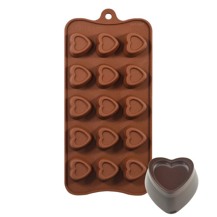15-cavity stamped heart silicone chocolate mold for making heart-shaped chocolates, candies, Valentine’s treats and desserts.