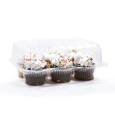 Clear hinged plastic cupcake box with 6 cavities holding six standard decorated cupcakes