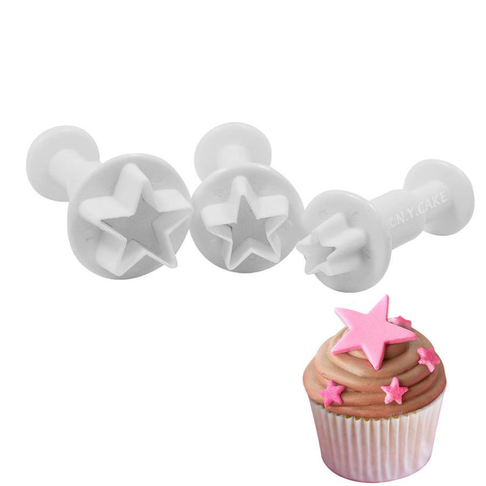 Three-piece star plunger cutter set for creating fondant, gum paste, cookie, cupcake, and cake decorations in multiple star sizes