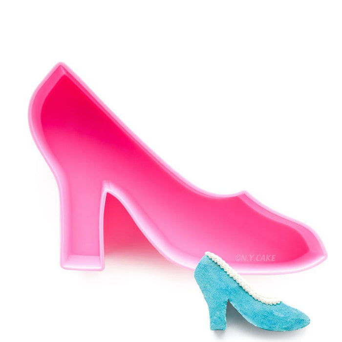Pink stiletto high heel shoe silicone cake mold for creating shoe-shaped cakes and molded desserts.