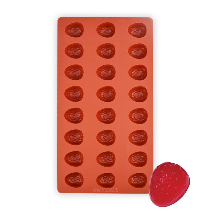 Strawberry Jellyflex silicone candy mold with 24 strawberry-shaped cavities for making gummies, jellies and chocolates.