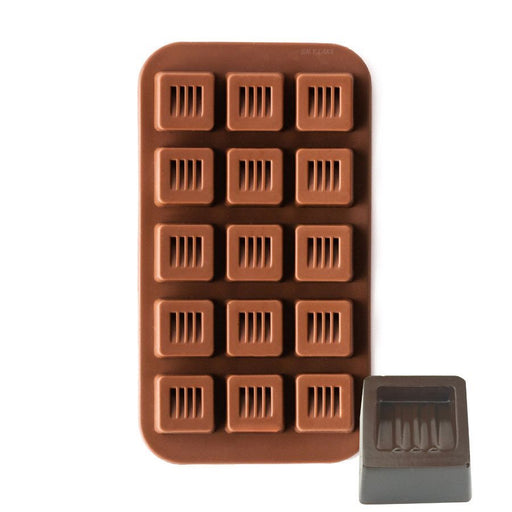 15-cavity striped square silicone chocolate mold for making detailed chocolates, candies and decorative confections.