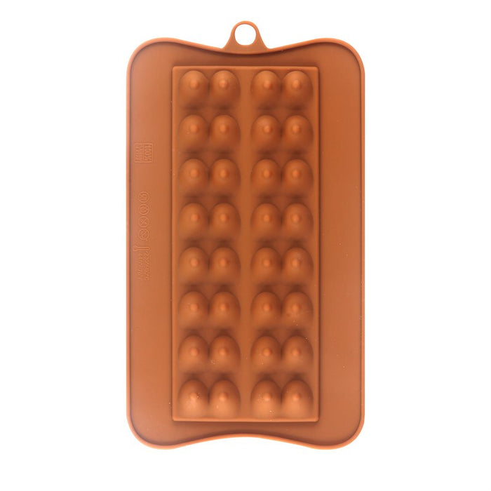 Flexible silicone mold featuring one large raised stud chocolate bar cavity for chocolate, candy, fondant, soap, and wax melts.