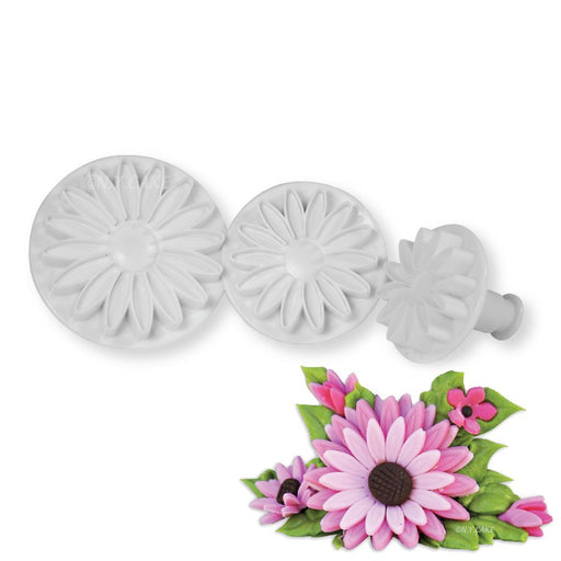 Sunflower plunger cutter set with three fondant and gum paste flower cutters in multiple sizes for cake decorating