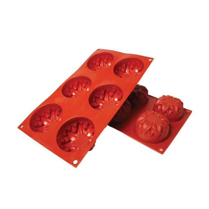 NY Cake sunflower silicone baking mold with six 3.9 oz cavities for mousse cakes, chocolates, and elegant desserts